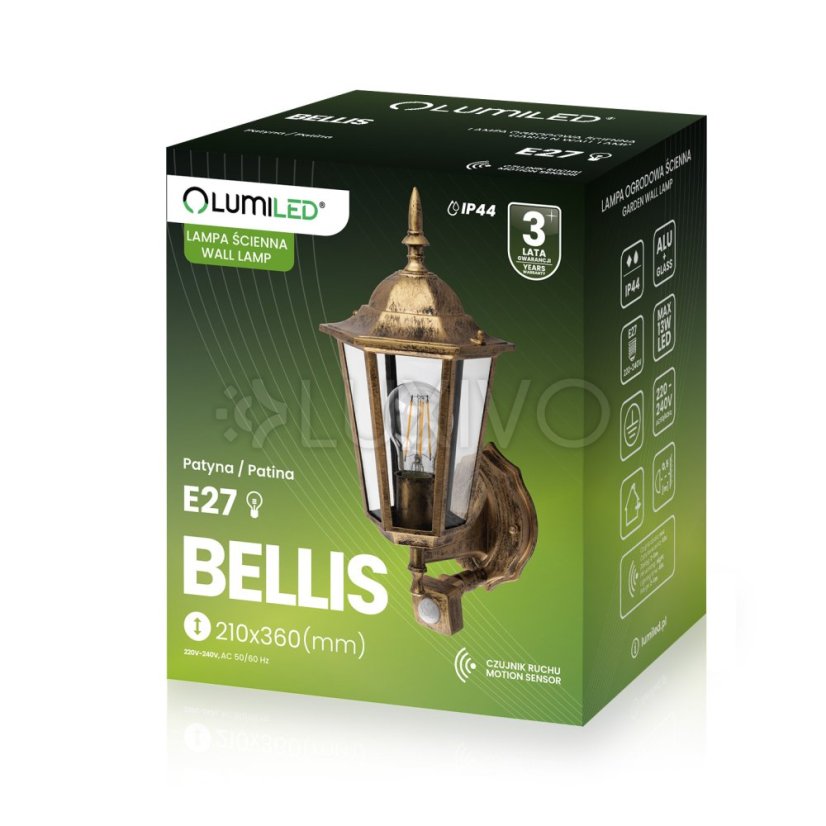 Záhradná lampa Vonkajšia nástenná lampa E27 12W LED svietidlo Senzor pohybu BELLIS LUMILED