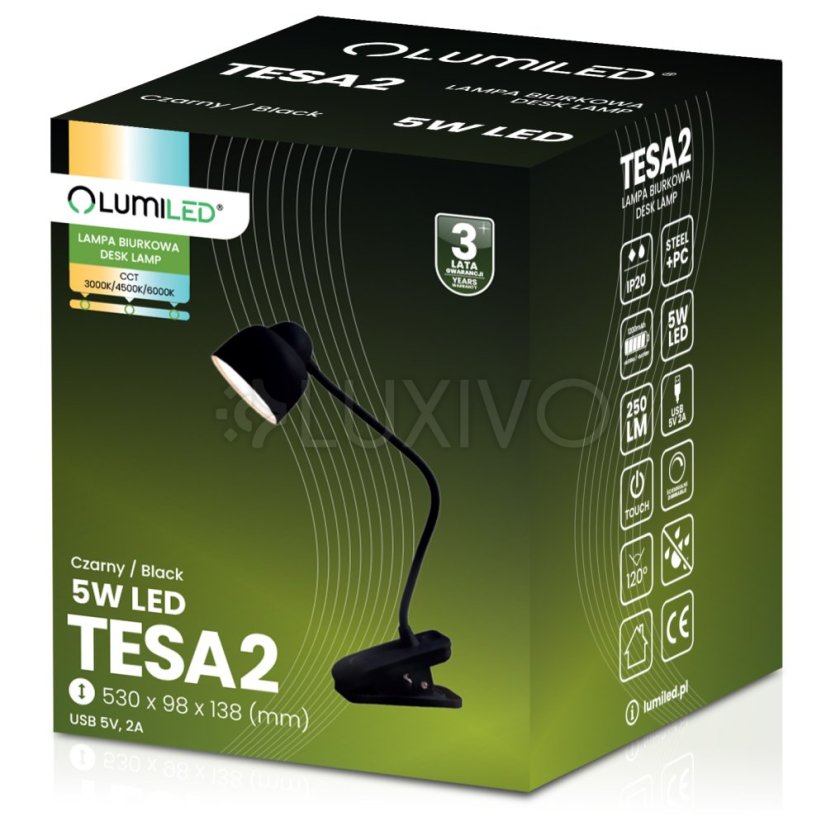 LED stolová lampa 5W CCT kresliarska školská TESA 2 čierna LUMILED