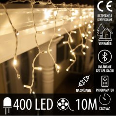 Vianočná led svetelná záclona na spájanie vonkajšia - programy - časovač + bluetooth - 400led - 10m teplá biela