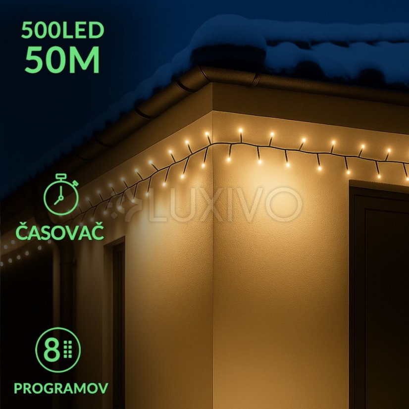 LED vianočná reťaz, 50 m, vonkajšia aj vnútorná, teplá biela, programy, časovač