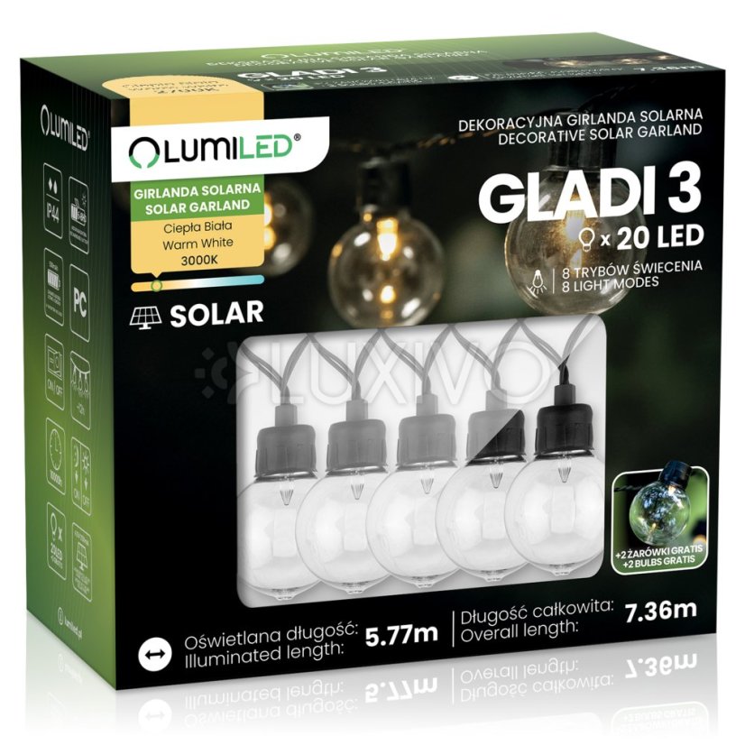 Girlanda solárna záhradná 20 LED balkónová ozdobné guľôčky 7, 36m 3000K teplá GLADI 3 LUMILED