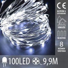 Vianočná led svetelná mikro reťaz vonkajšia na batérie - programy + diaľkový ovládač - 100led - 9,9m studená biela