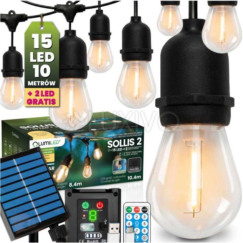 Solárna záhradná girlanda 15x LED ozdobné žiarovky 10, 4m 2700K teplá + diaľkový ovládač IP65 SOLLIS 2 LUMILED