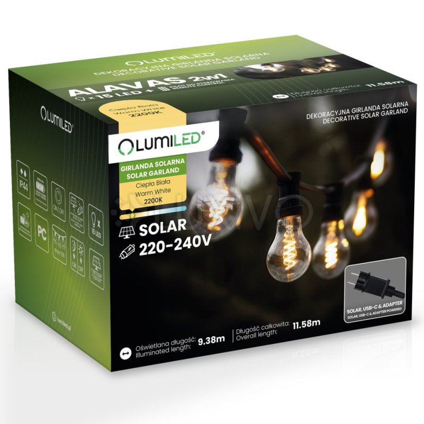 Záhradná solárna girlanda 15x LED dekoračné žiarovky 11, 58m 2200K teplá + diaľkový ovládač ALAVAS LUMILED