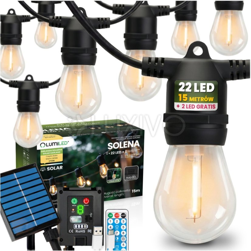 Solárna záhradná girlanda 22x LED ozdobné žiarovky 15m 2700K teplá biela + diaľkový ovládač SOLENA LUMILED