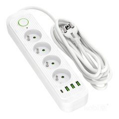 Sieťový predlžovací kábel 3m 4x zásuvka s uzemnením, napájací USB pás ON/OFF biely Connecto Kobi