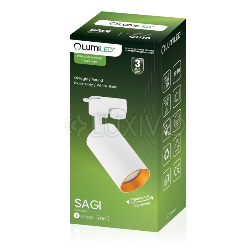 Reflektor koľajnicový GU10 bielo - zlatá SAGI lampa do jednofázového koľajnicového osvetlenia LUMILED