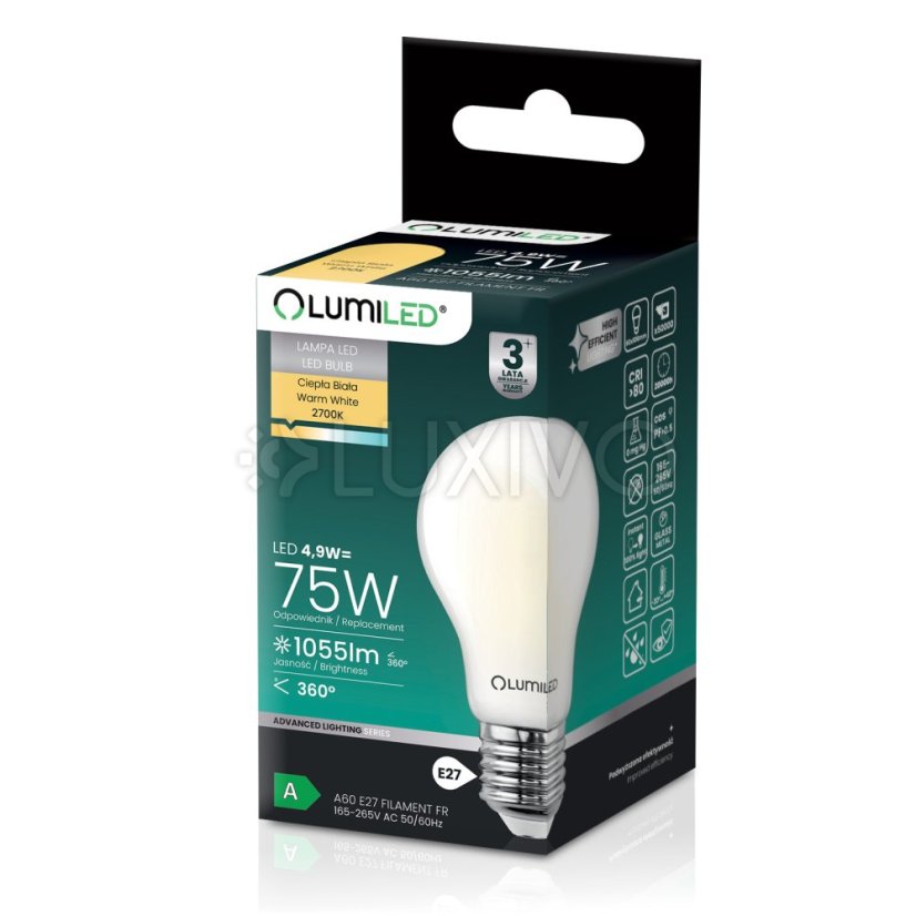 Žiarovka LED E27 A60 4, 9W 1055lm = 75W 2700K teplá 360° filament KLASA A LUMILED
