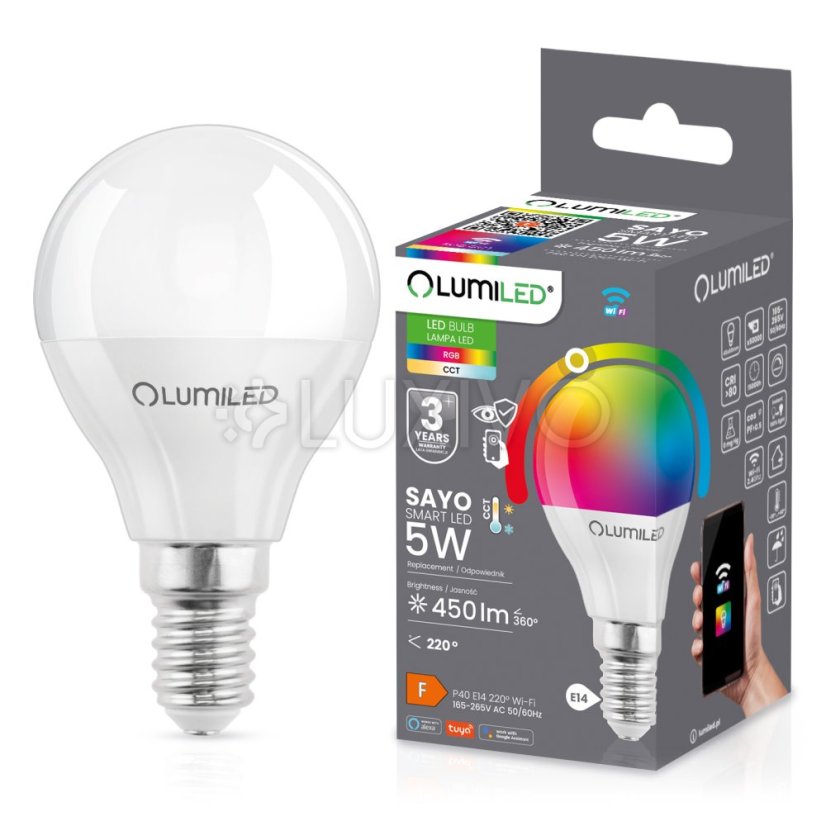 LED žiarovka E14 P40 Bulb 5W = 40W 450lm RGB CCT Stmievateľná Smart TUYA WiFi SMART SAYO LUMILED