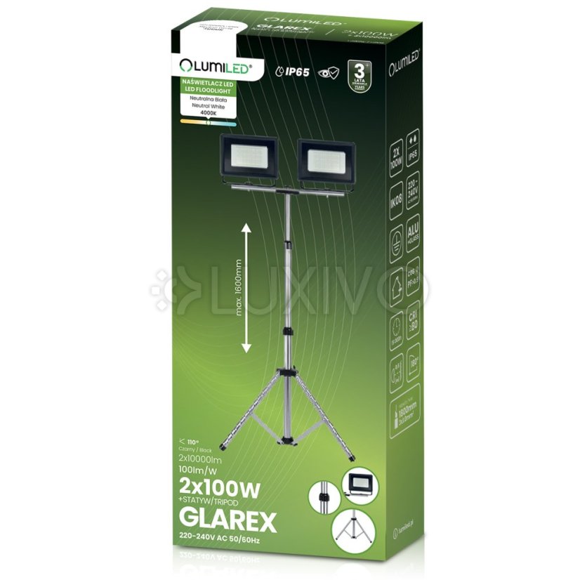 Reflektor LED Halogén lampa 2 x 100W na statíve GLAREX 4000K LUMILED