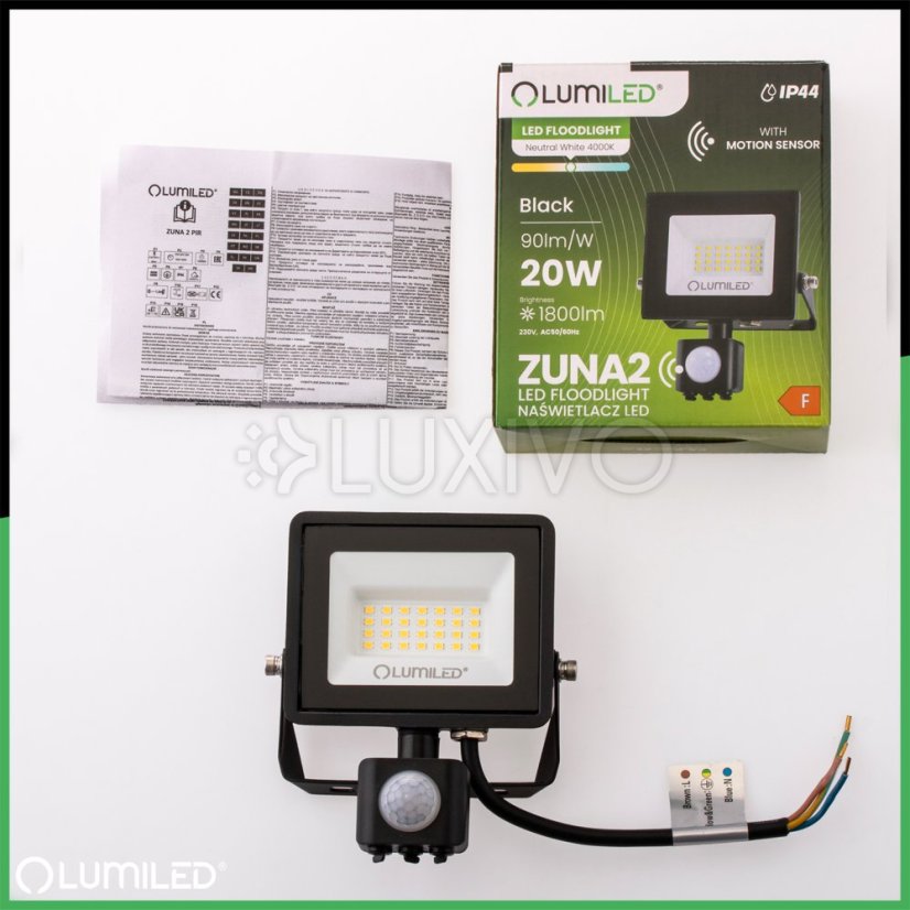 LED reflektor ZUNA2 20W 1800lm 4000K IP44 Black Senzor pohybu LUMILED