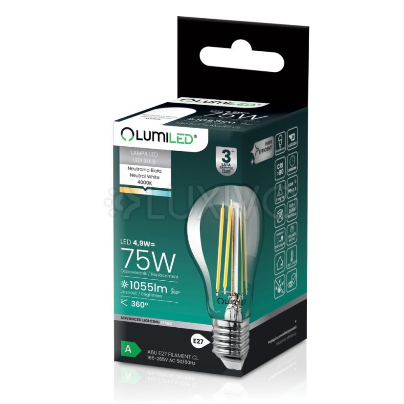 Žiarovka LED E27 A60 4, 9W 1055lm = 75W 4000K neutrálna 360° filament KLASA A LUMILED