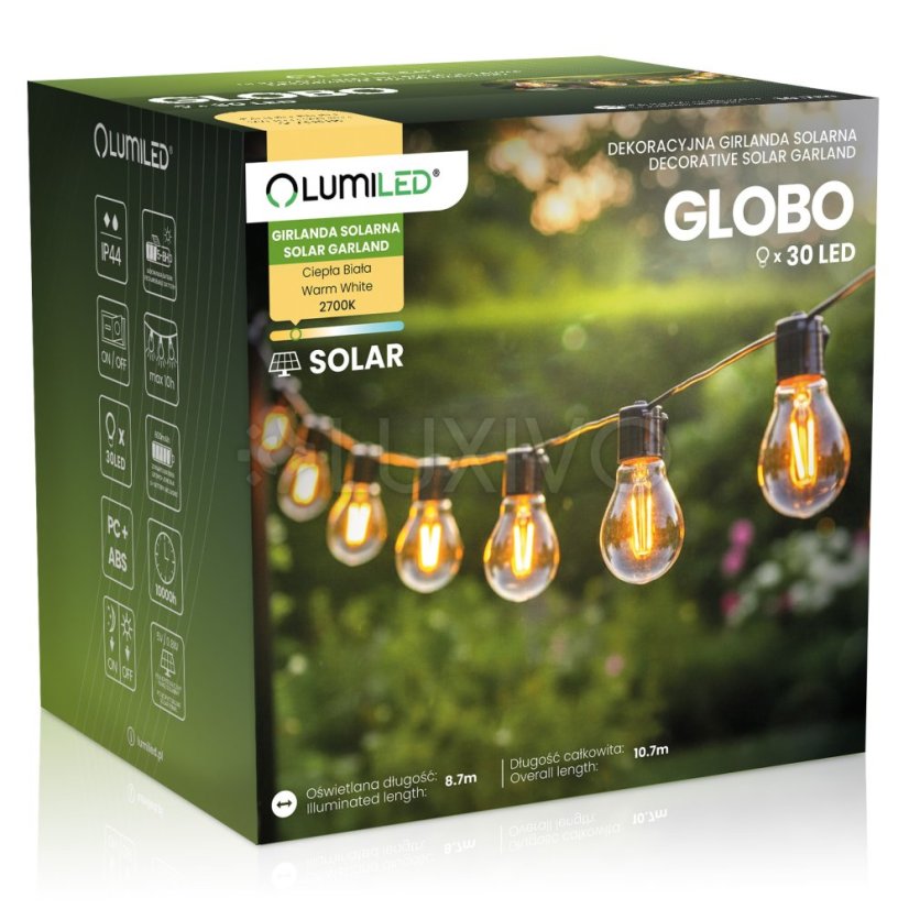 Girlanda solárna záhradná 30x LED dekoratívna žiarovka 10, 7m 2700K teplá LUMILED