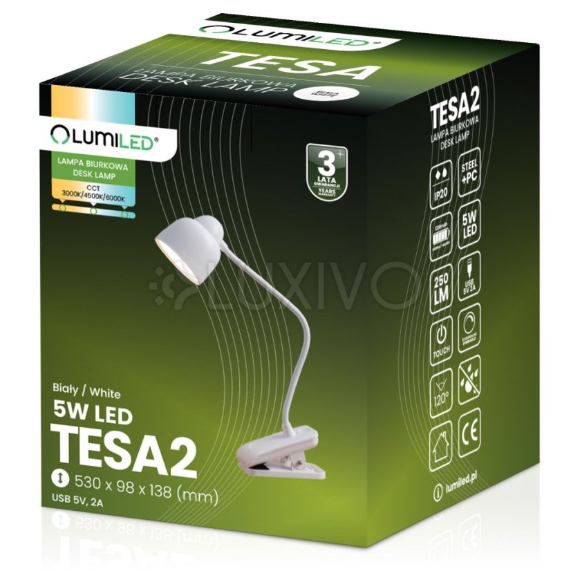 LED stolová lampa 5W CCT kresliarska školská TESA 2 biela LUMILED