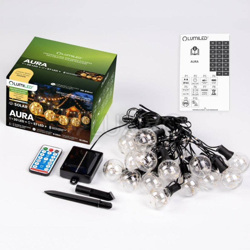 Záhradná solárna girlanda 20x LED dekoratívne žiarovky 10, 55m 3000K teplá + diaľkové ovládanie AURA LUMILED