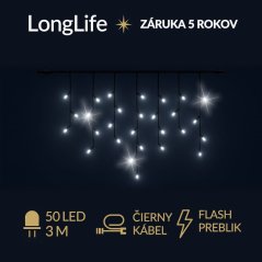 LongLife spojovateľná led svetelná záclona vonkajšia flash - 50led - 3m studená biela / flash prebliknutie studená biela