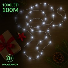 Vianočná led svetelná mikro reťaz vonkajšia + programator - 1000led - 100m studená biela