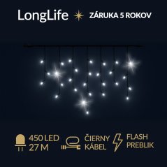 LongLife led svetelná záclona vonkajšia flash - 450led - 27m studená biela / flash prebliknutie studená biela - čierny kábel