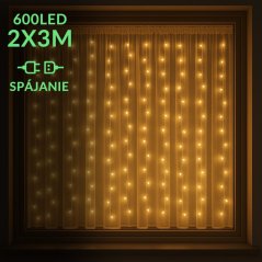 Vianočná led svetelná záclona na spájanie vonkajšia - záves - 600led - 2x3m teplá biela