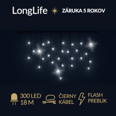 LongLife led svetelná záclona vonkajšia flash - 300led - 18m studená biela / flash prebliknutie studená biela - čierny kábel