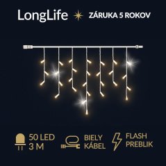 LongLife spojovateľná led svetelná záclona vonkajšia flash - 50led - 3m teplá biela / flash prebliknutie studená biela - biely kábel