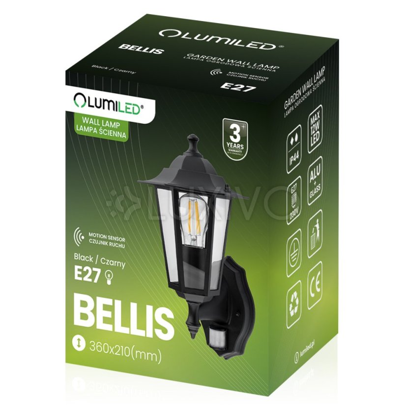 Vonkajšie nástenné svietidlo E27 so senzorom pohybu čierne BELLIS LUMILED