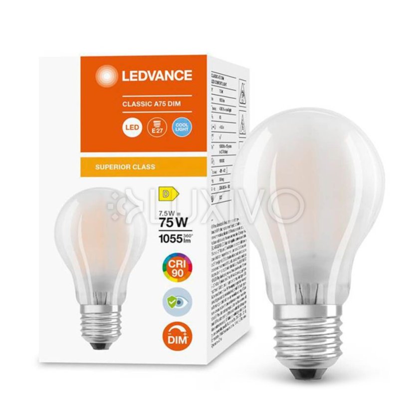 LED žiarovka E27 A60 7,5W = 75W 1055lm 4000K Neutrálna 300° CRI90 Vlákno Mliečna Stmievateľná LEDVANCE Superior