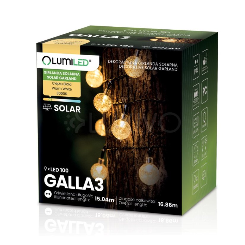 Solárne záhradné girlandy Solárne svetlá 100x LED žiarovka Balkónové gule 16m 3000K GALLA3 LUMILED
