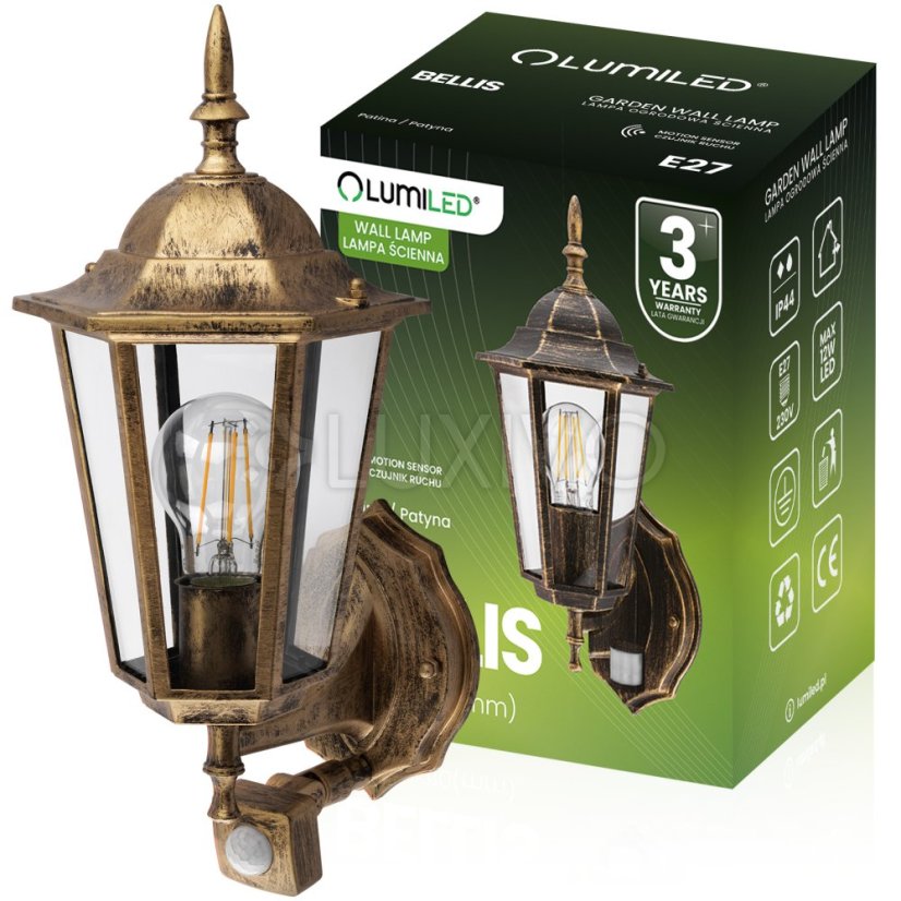 Záhradná lampa Vonkajšia nástenná lampa E27 12W LED svietidlo Senzor pohybu BELLIS LUMILED