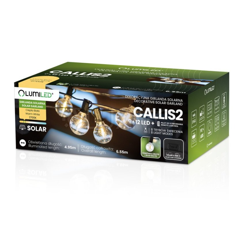 Solárna záhradná girlanda 12x LED dekoratívne guličky 6, 55m 2700K teplá biela + diaľkový ovládač CALLIS2 Lumiled