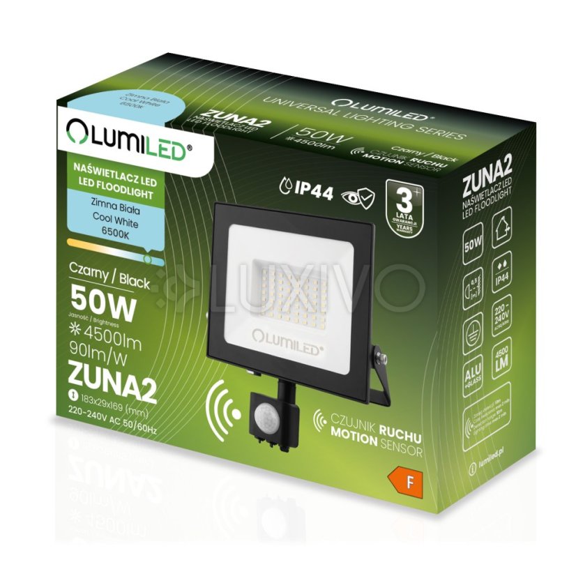 LED reflektor ZUNA2 50W 4500lm 6500K IP44 Black Senzor pohybu LUMILED