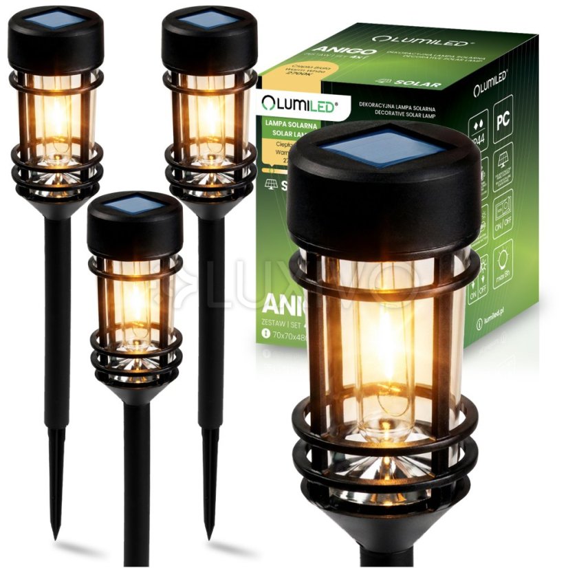 Komplet 4x Solárna záhradná lampa LED ANIGO 2700K zapichovacia vonkajšia stĺpiková lampka LUMILED