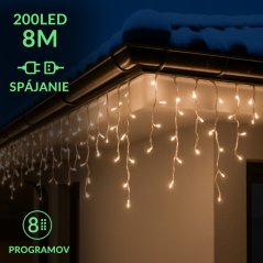 Vianočná led svetelná záclona na spájanie vonkajšia - programy - 200led - 8m teplá biela