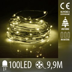 Vianočná led svetelná mikro reťaz na batérie - 100led - 9,9m teplá biela