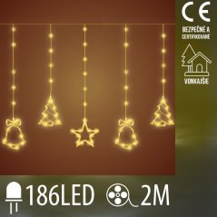 Vianočná led svetelná záclona vonkajšia - záves - vonček/stromček/hviezda - 186led - 2m teplá biela