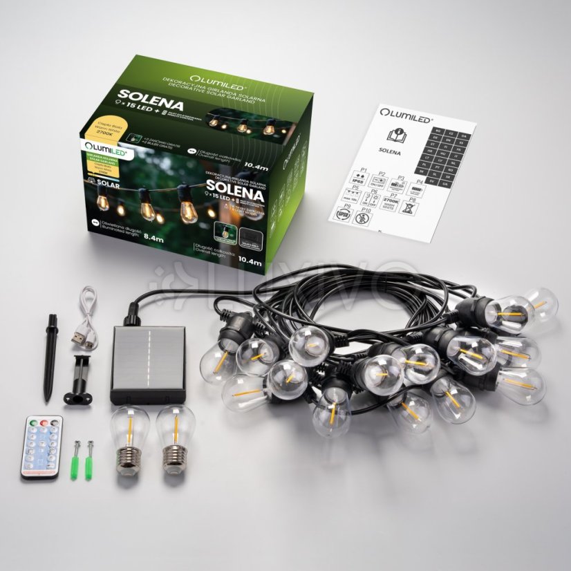 Solárna záhradná girlanda 15x LED ozdobné žiarovky 10, 4m 2700K teplá + diaľkové ovládanie SOLENA LUMILED