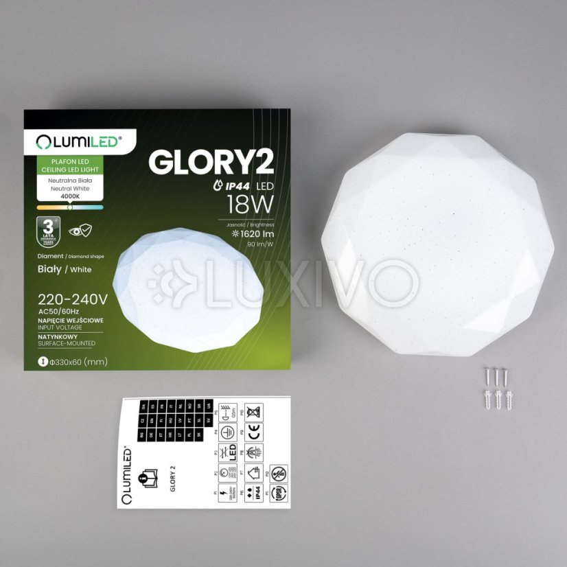 LED stropné svietidlo nástenné 18W IP44 okrúhle GLORY 2 Diamant 33cm LUMILED