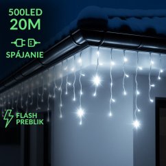 Vianočná led svetelná záclona na spájanie vonkajšia flash - 500led - 20m - studená biela / studená biela