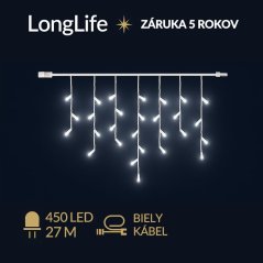 LongLife led svetelná záclona vonkajšia - 450led - 27m studená biela - biely kábel