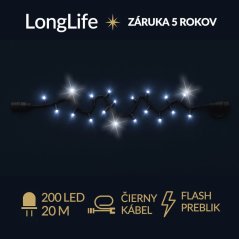 LongLife led svetelná reťaz vonkajšia flash - 200led - 20m studená biela/ flash prebliknutie studená biela - čierny kábel