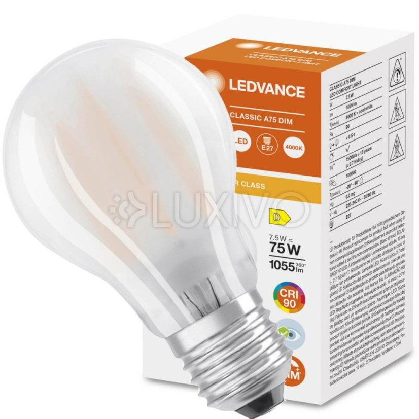 LED žiarovka E27 A60 7,5W = 75W 1055lm 4000K Neutrálna 300° CRI90 Vlákno Mliečna Stmievateľná LEDVANCE Superior