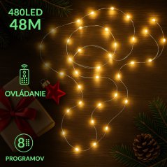 Vianočná led svetelná mikro reťaz vonkajšia + programator + diaľkové ovládanie - 480ed - 48m teplá biela