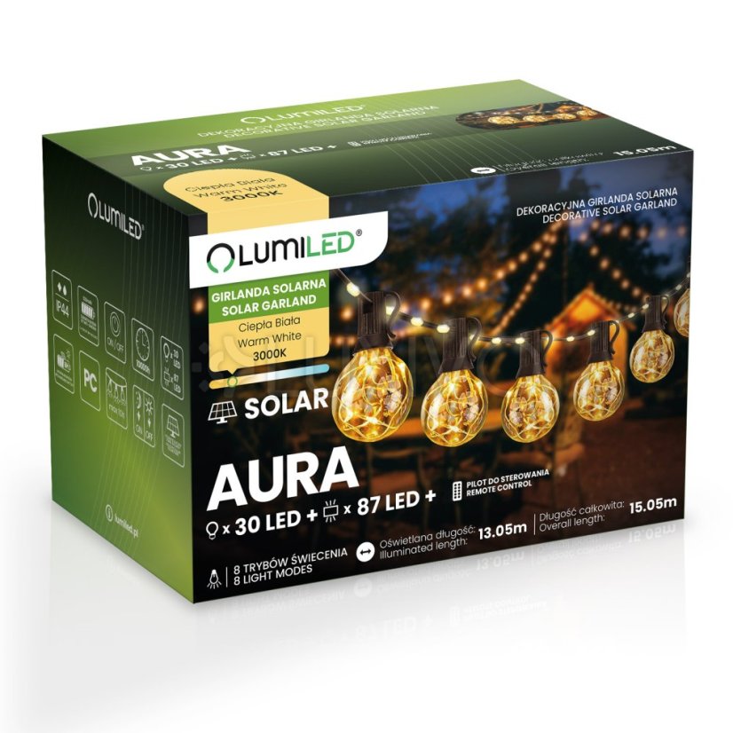 Solárna záhradná girlanda 30x LED dekoratívne žiarovky 15, 05 m 3000K teplá biela + diaľkový ovládač AURA