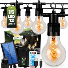 Záhradná solárna girlanda 15x LED dekoračné žiarovky 11, 58m 2200K teplá + diaľkový ovládač ALAVAS LUMILED