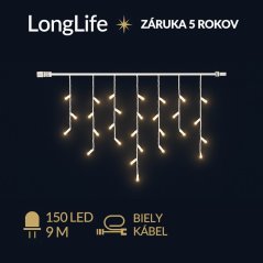 LongLife led svetelná záclona vonkajšia - 150led - 9m teplá biela - biely kábel