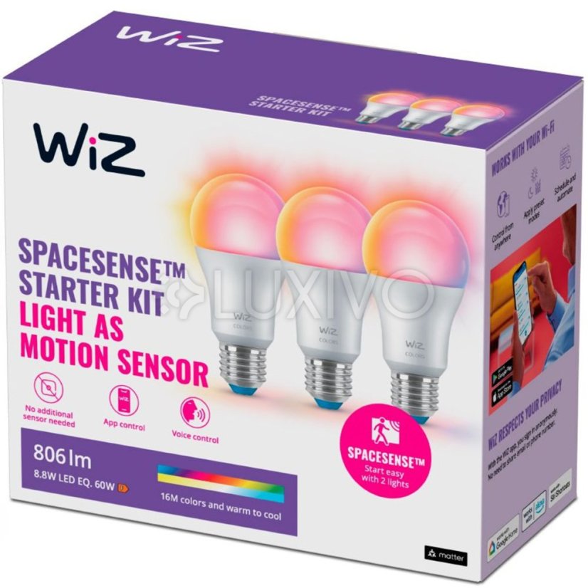 3x LED žiarovka E27 A60 8,8W = 60W 806lm 2200-6500K RGB + TW Smart SMART WiFi Bluetooth App WiZ