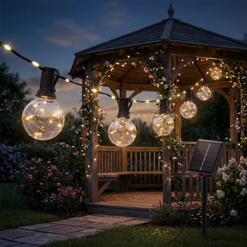 Záhradná solárna girlanda 20x LED dekoratívne žiarovky 10, 55m 3000K teplá + diaľkové ovládanie AURA LUMILED