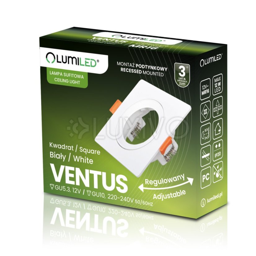 Halogénové svietidlo na zapustenú montáž Hranaté biele GU10 MR16 VENTUS Lumiled