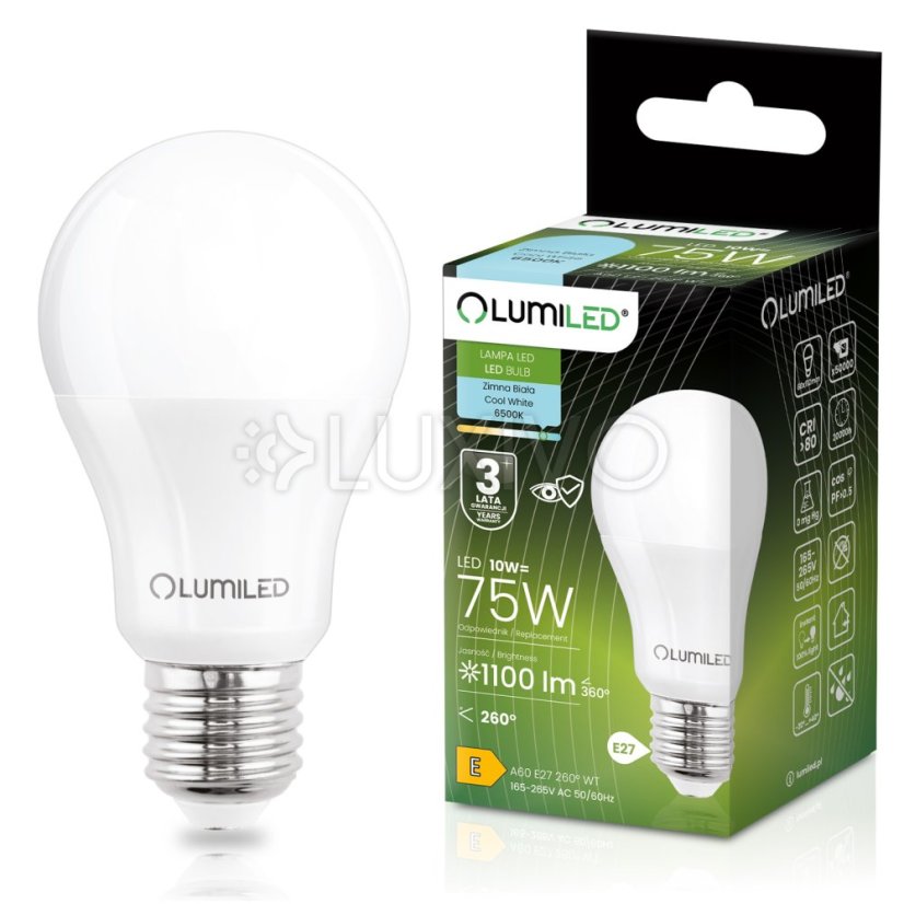 LED žiarovka E27 A60 10W = 75W 1100lm 6500K studená 260° LUMILED