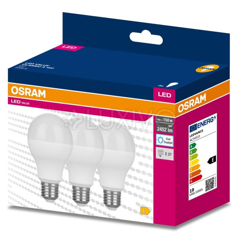 3x LED žiarovka A68 E27 19W = 150W 2542lm 6500K studená biela 200° VALUE CLASSIC Osram